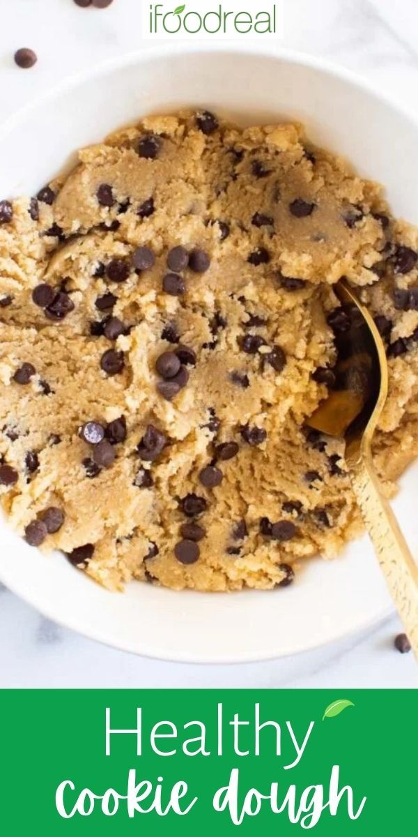 healthy cookie dough in a white bowl with chocolate chips on top and text overlay that reads healthy cookie dough