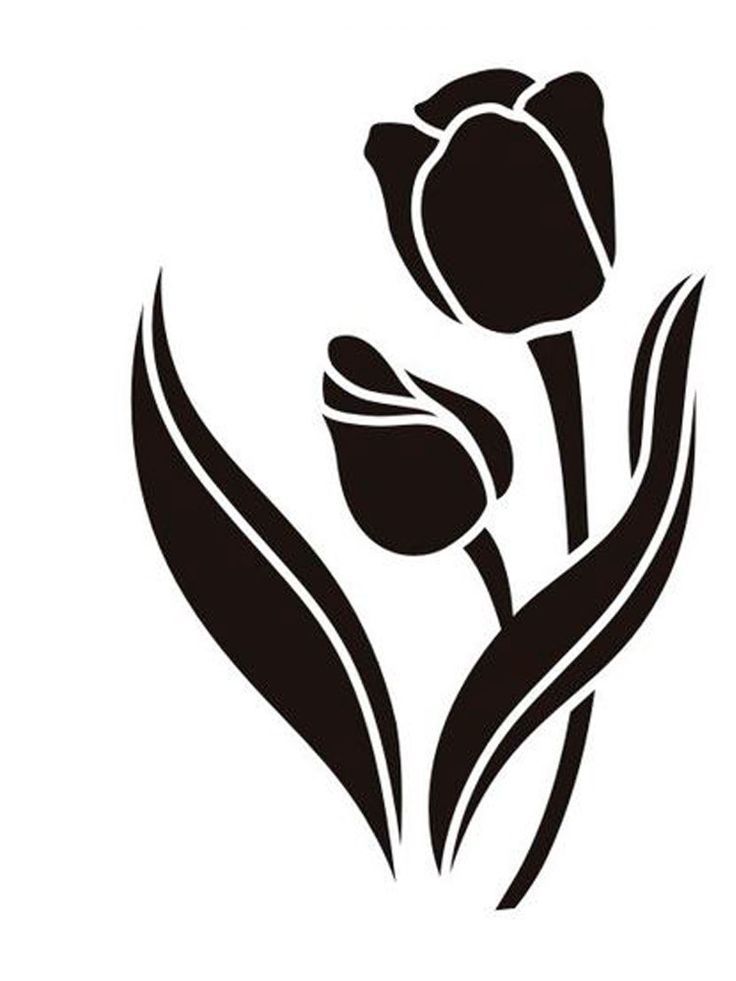 a black and white silhouette of two tulips with leaves on the bottom, against a white background