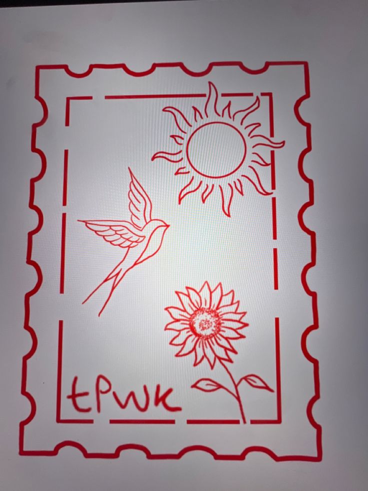 a stamp with the words fnk and a sunflower in red ink on a white background