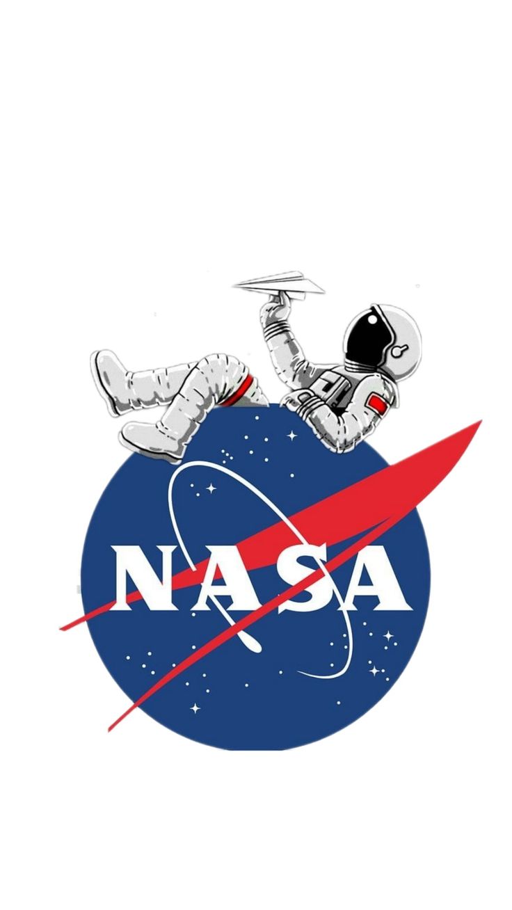 an astronaut floating in space with the nasa logo on it's back and behind him