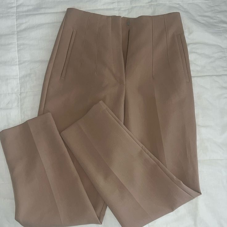 Pants With Highwaisted With Medal Hook (Nwot) Size Medium Brown Stretch Dress Pants With Tapered Leg, Brown Tapered Leg Dress Pants For Office, Brown Fitted Ankle-length Pants, Fitted Brown Ankle-length Pants, Formal Stretch Brown Bottoms, Elegant Brown Ankle-length Pants, Formal Stretch Brown Pants, Beige Office Bottoms With Pockets, High Waist Beige Pants With Welt Pockets