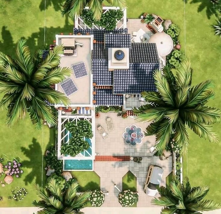 an aerial view of a house surrounded by palm trees