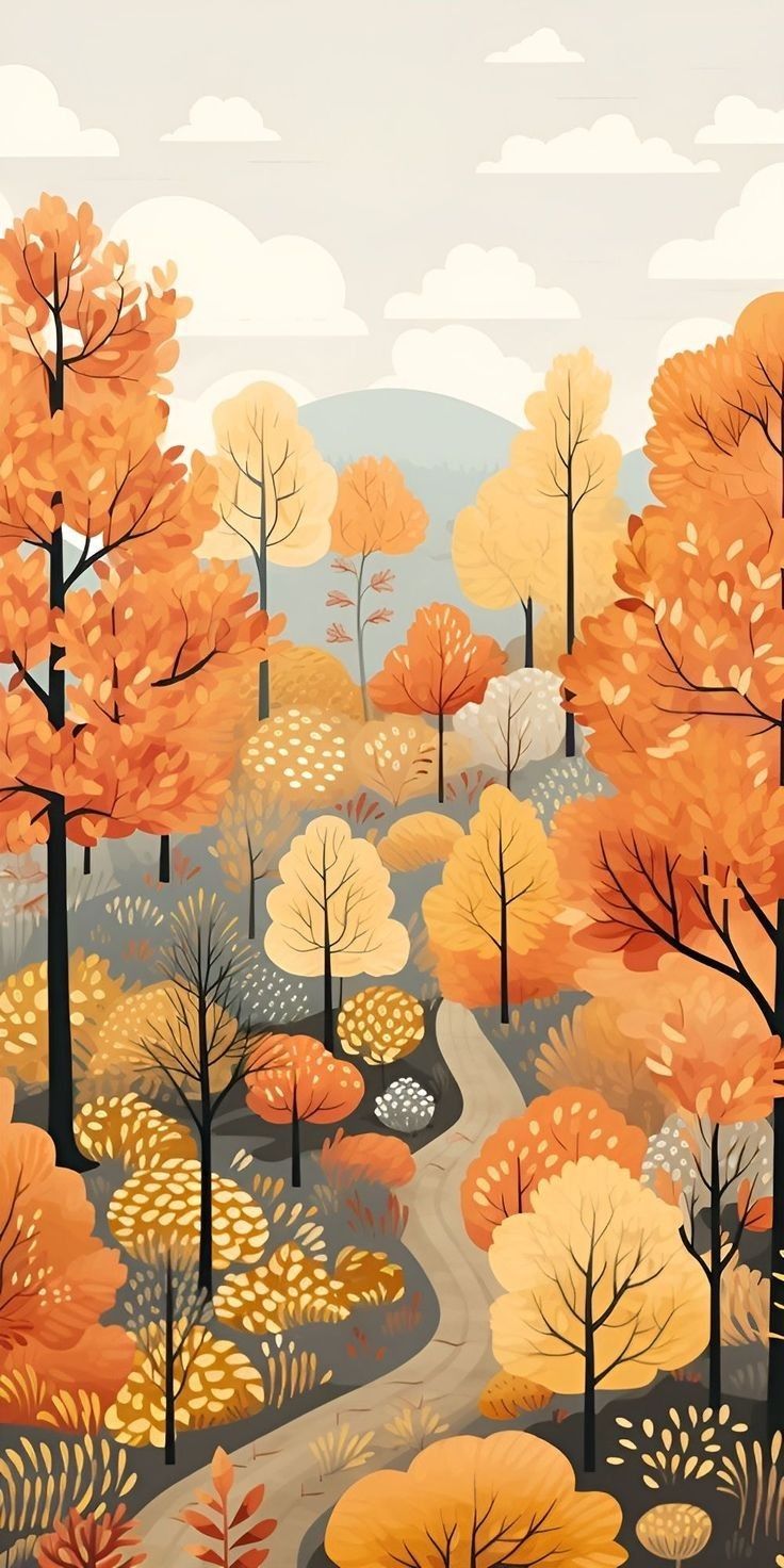 an autumn landscape with lots of trees and leaves