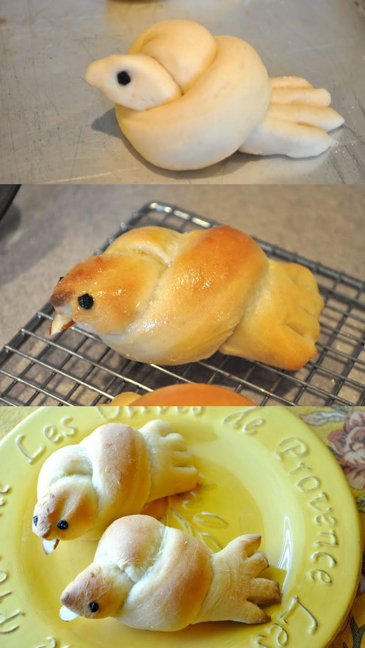 bread shaped like animals sitting on top of a yellow plate