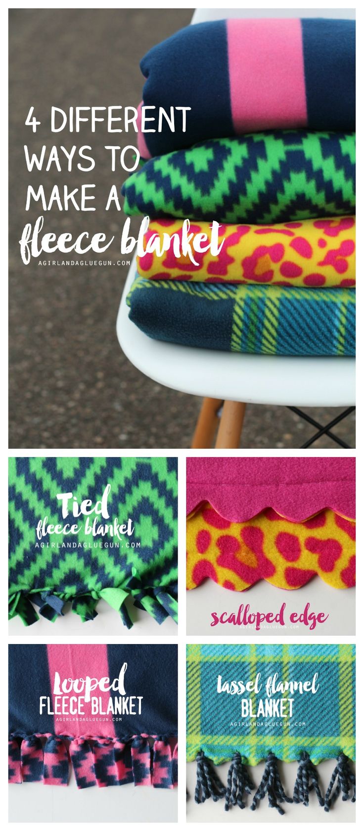 four different ways to make a fleece blanket with text overlaying the image