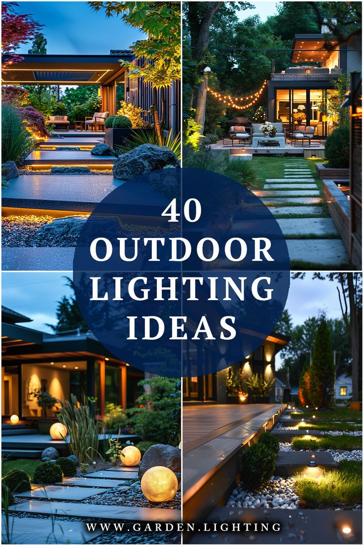 a collage of photos of outdoor lighting ideas Outdoor Driveway Lighting Ideas, Outdoor Front Yard Lighting Ideas, Lighting For Outdoor Patio, Outdoor Garden Lights Ideas, Pool Landscaping Lighting Ideas, Lighting For Decks And Patios, Backyard Outdoor Lighting, Lights For Pool Area, Patio Led Strip Lighting Ideas