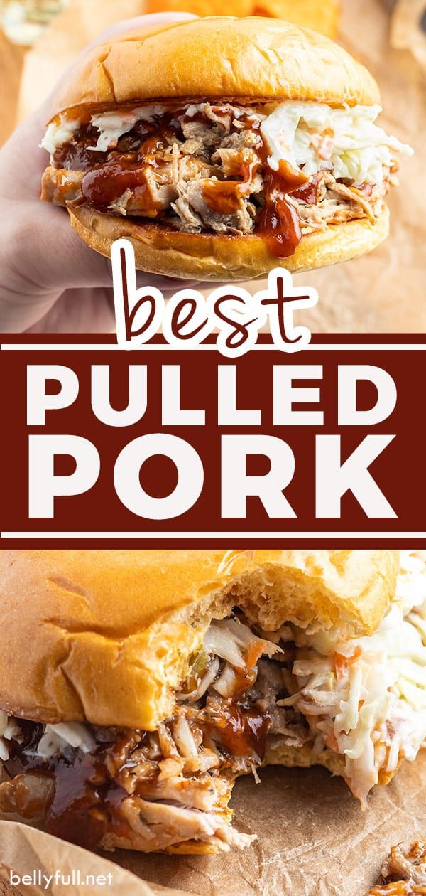 the best pulled pork sandwich is shown with text overlay