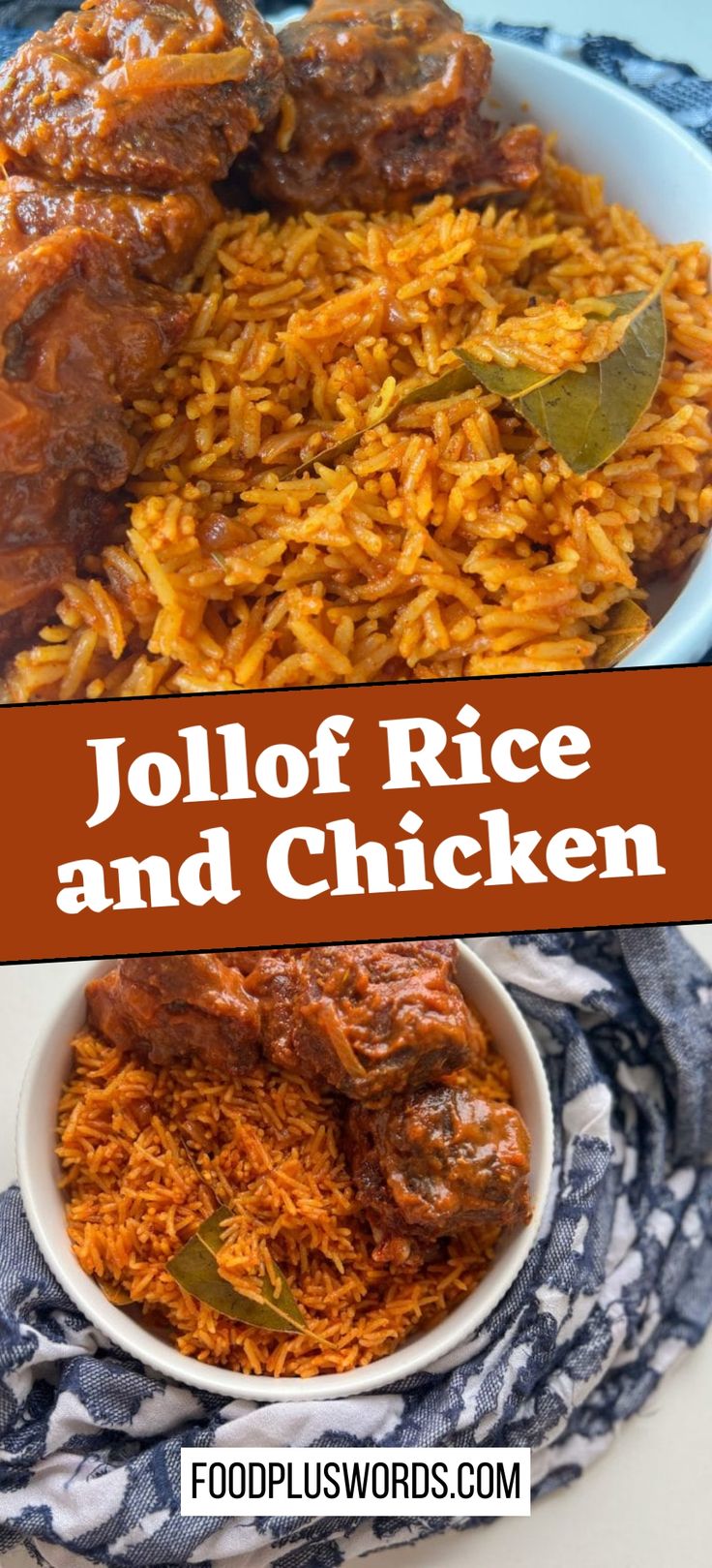 an image of jollof rice and chicken in a bowl with the words jollof rice and chicken