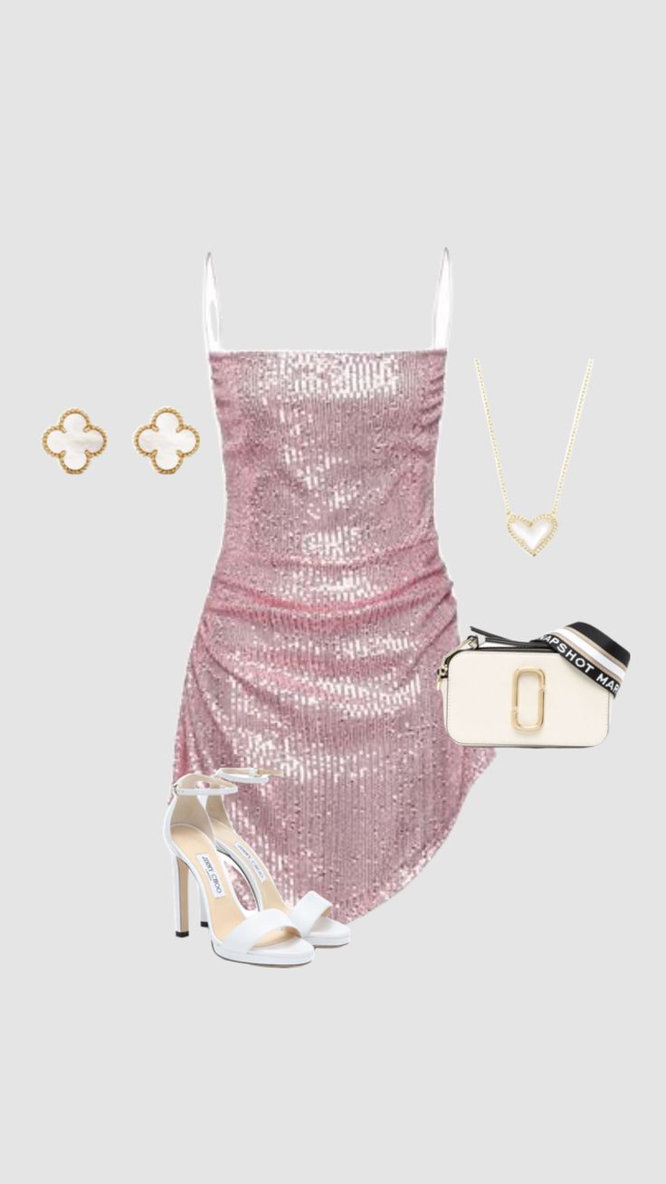 Sparkly Dress Aesthetic, Sparkly Dress Outfit, Pink Sparkly Mini Dress, Party Dress Aesthetic, Short Sparkly Dresses, Pink Outfits Aesthetic, Westwood Earrings, Heels Pearl, Pink Sparkly Dress