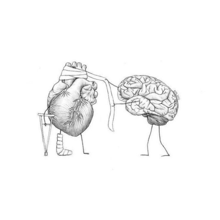 a drawing of two people holding hands with a heart and brain in the other hand