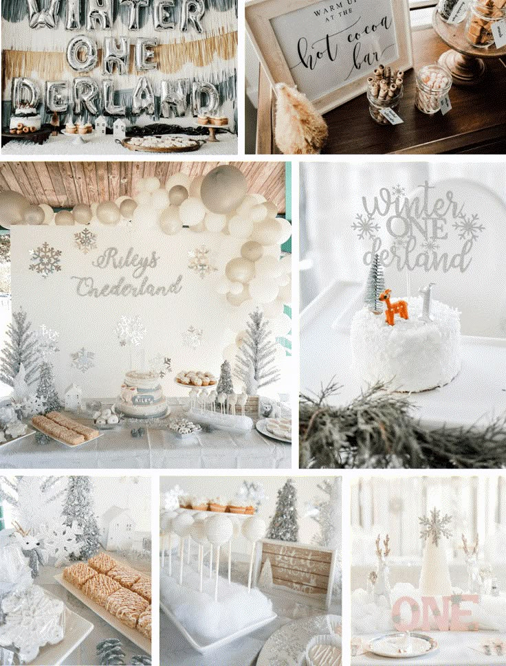 a collage of photos showing different types of winter decorations and desserts on display