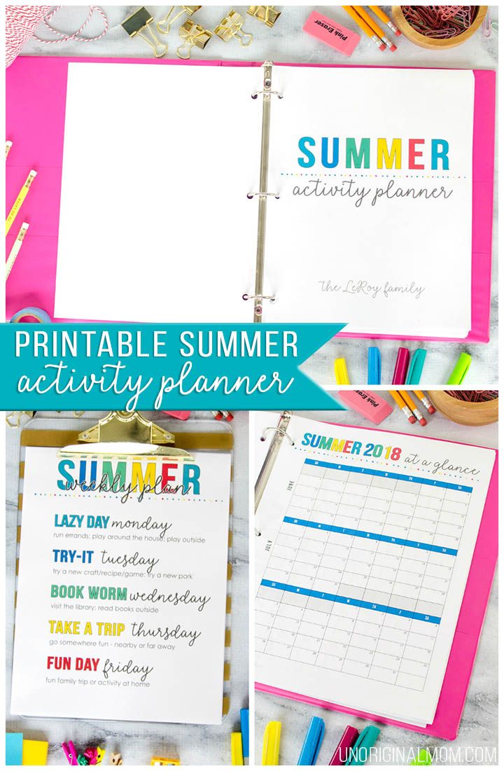 the printable summer activity planner is displayed on a table with markers, pens and pencils