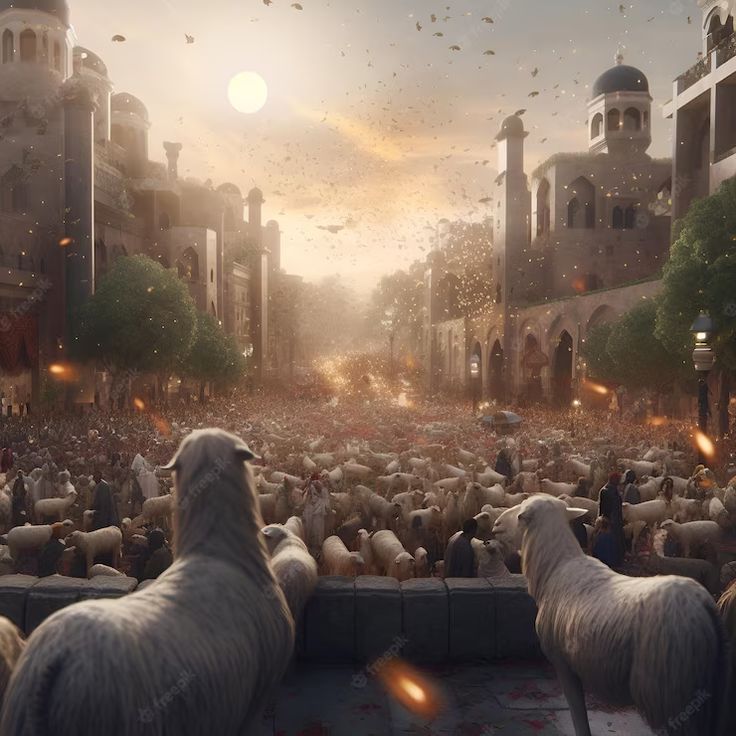 two sheep standing in front of a crowd of people on a city street with buildings and birds flying overhead