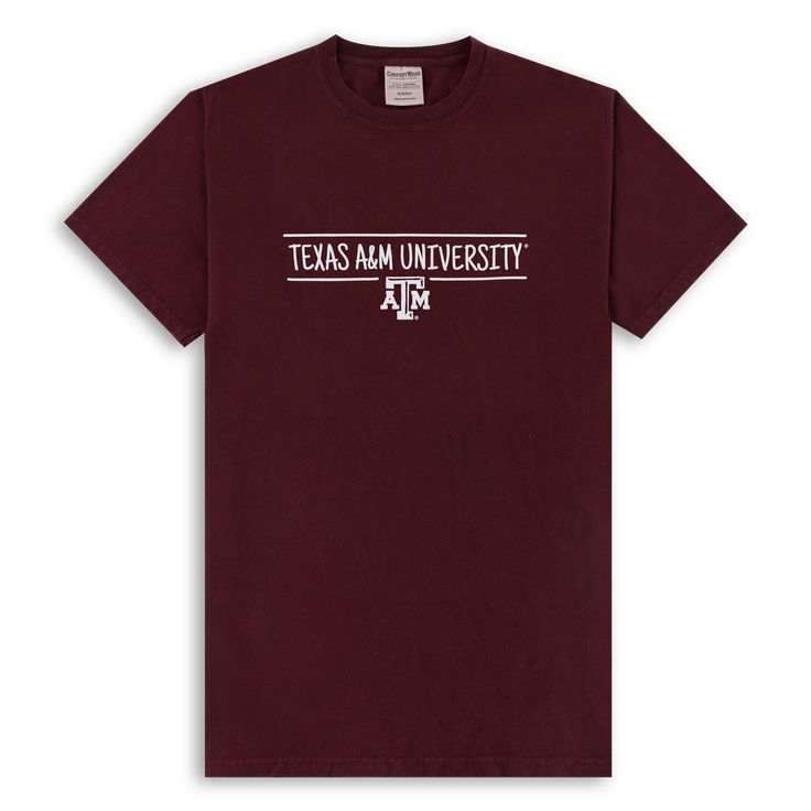 a maroon texas am university t - shirt with white letters on the front and back