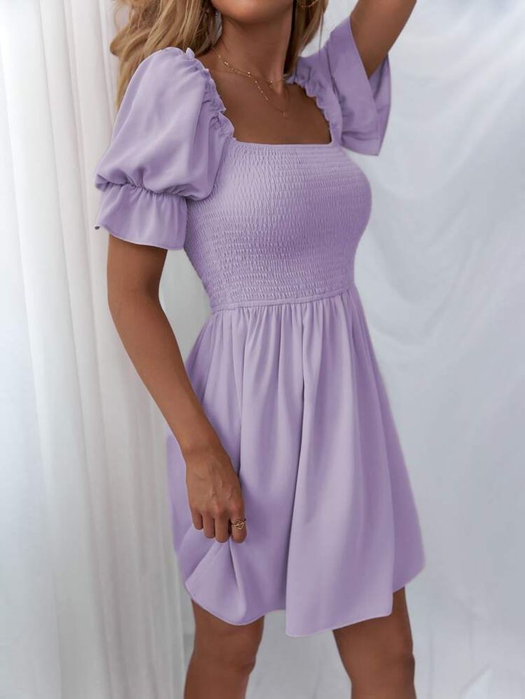 Purple Summer Dress Casual, Cute Dresses Casual Classy, Lavender Sundress, Cruise Dresses, Square Neckline Dress, Sweetheart Neckline Dress, Balloon Sleeve Dress, Square Neck Dress, Aqua Dress