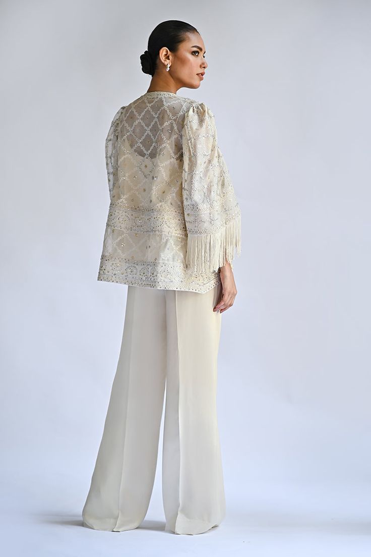 Monet – Sania Maskatiya International Elegant Long Sleeve Outerwear With Fringe, Elegant Fitted Fringe Outerwear, Chic Party Outerwear With Tassels, Elegant Cream Sets For Fall, Elegant Cream Colored Fall Sets, Chic Sets For Spring Reception, Chic Spring Reception Sets, Spring Party Sets With Tassels, Chic Spring Festive Blazer