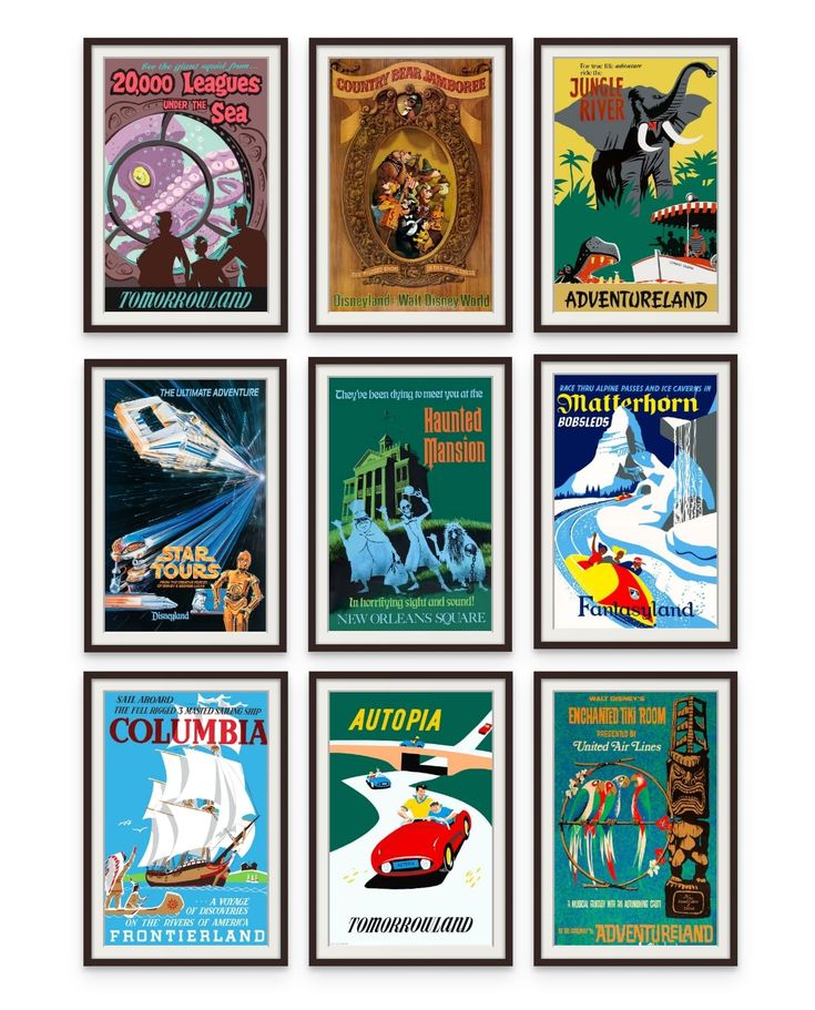 six framed travel posters depicting different countries