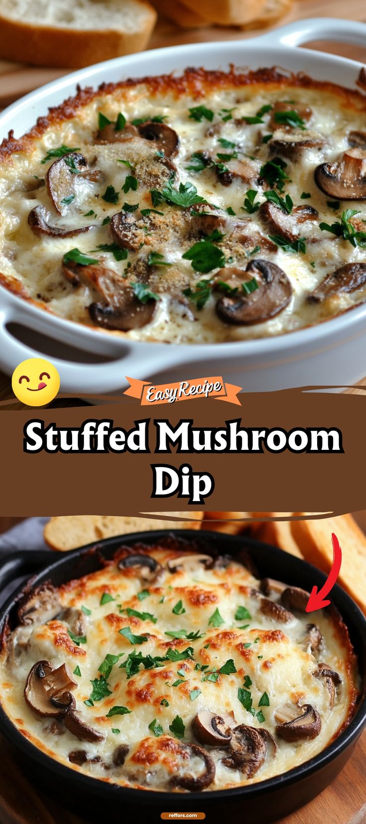 a casserole dish with mushrooms in it and the words stuffed mushroom dip below