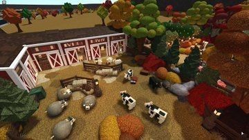 an animated farm scene with animals and trees