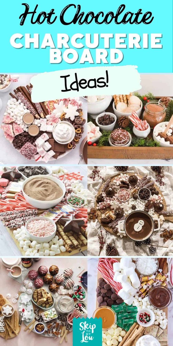 a collage of different pictures with the words hot chocolate charcuterie board ideas