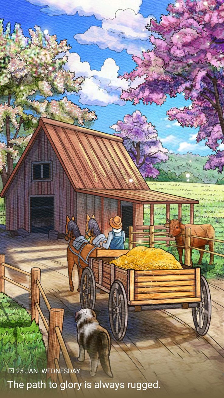 a painting of people riding in a horse drawn carriage next to a barn and horses