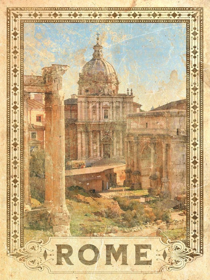 an old poster with the word rome in it's center and roman architecture behind it