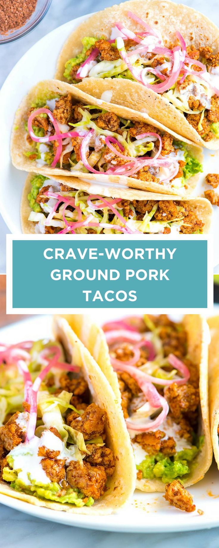 crave worthy ground pork tacos with onions, lettuce and red onion