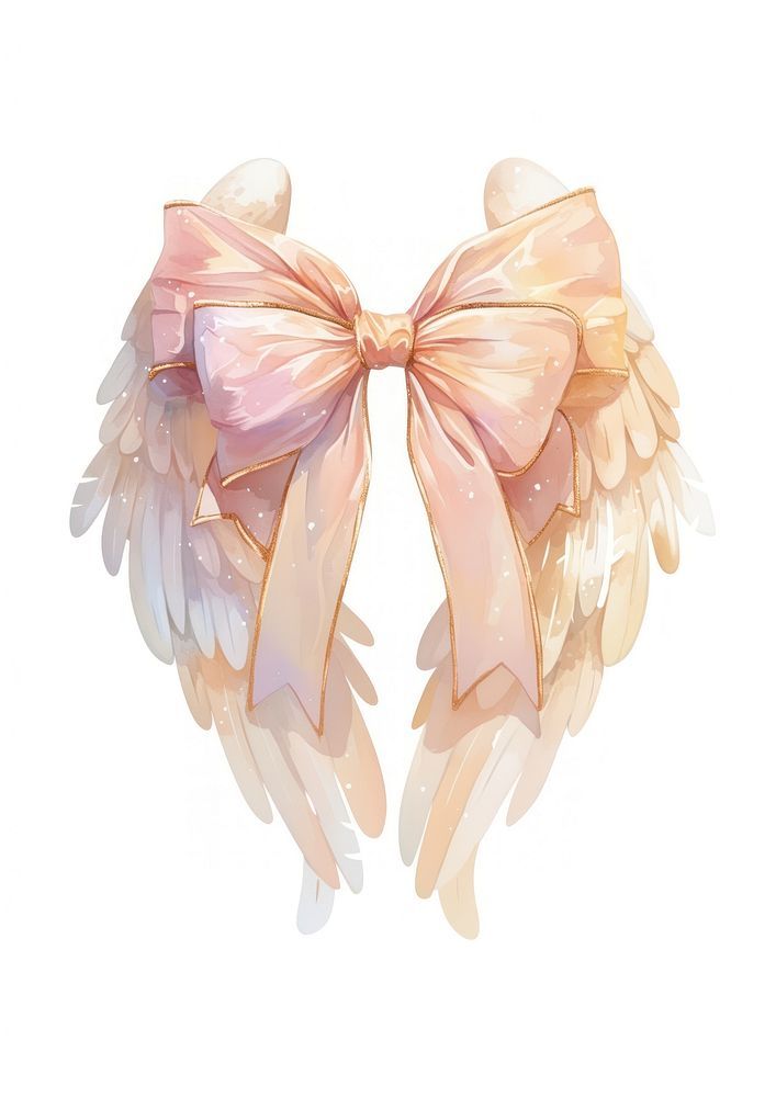 two angel wings with pink bows on each side and white wings in the middle, all facing opposite directions