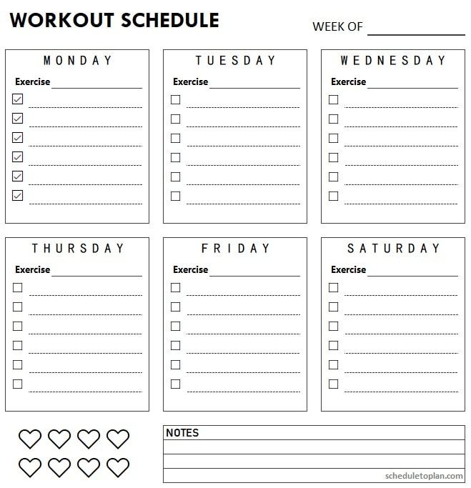 the printable workout schedule is shown in black and white, with hearts on it