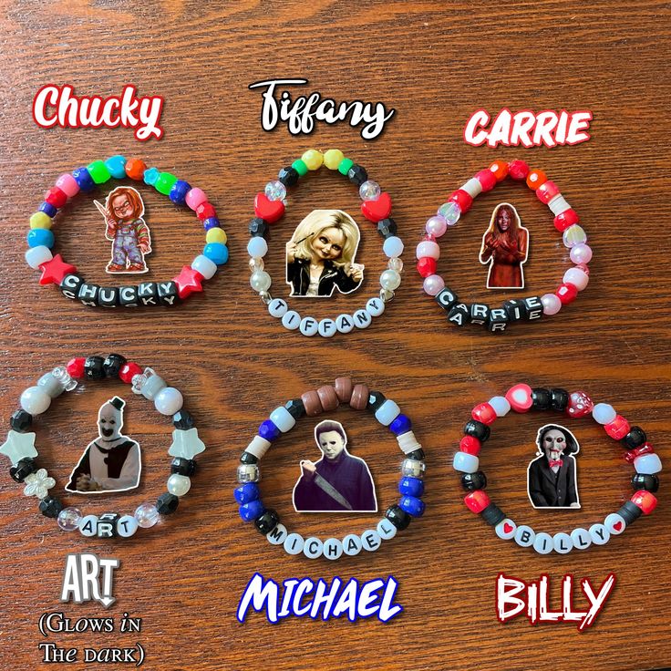 six different bracelets with the names of famous people on them, all decorated in various colors and sizes