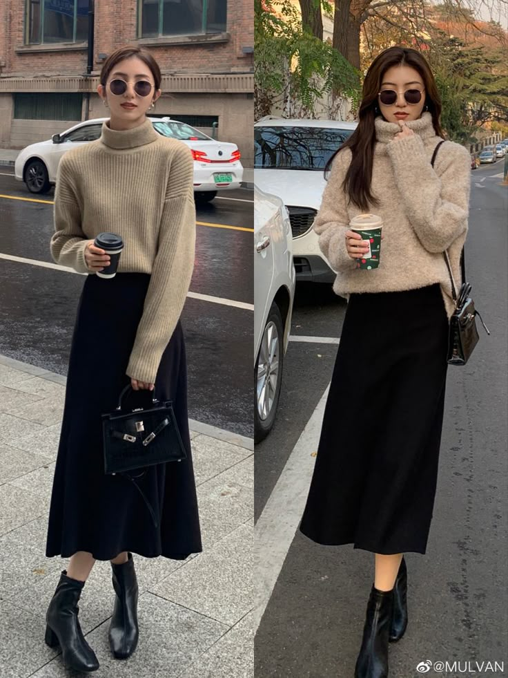 Japan Work Outfit Women, Hongkong Winter Outfit Ideas, Hongkong Outfit Travel Winter, Sweater Midi Skirt Outfit, Hanoi Outfit, Japan Outfits Spring, Tokyo Winter Outfit, Korea Winter Fashion, Japan Autumn Outfit