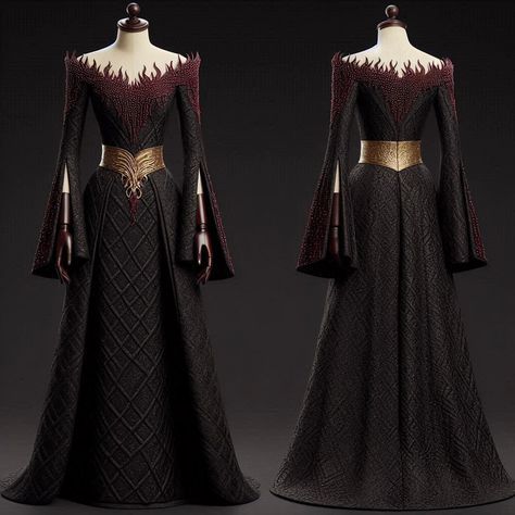 Black Targaryen Dress, Targaryen Style Dress, House Of The Dragon Outfit Inspiration, Dragon Outfit Design, House Of The Dragon Inspired Dresses, House Of The Dragon Outfit Ideas, Targaryen Dress Aesthetic, House Of The Dragon Dresses, Velaryon Dress