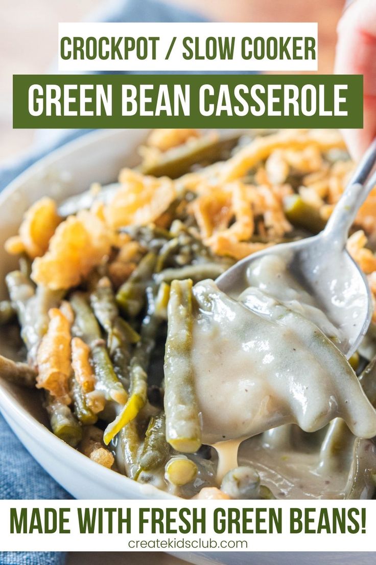 a spoon full of green bean casserole in a white bowl