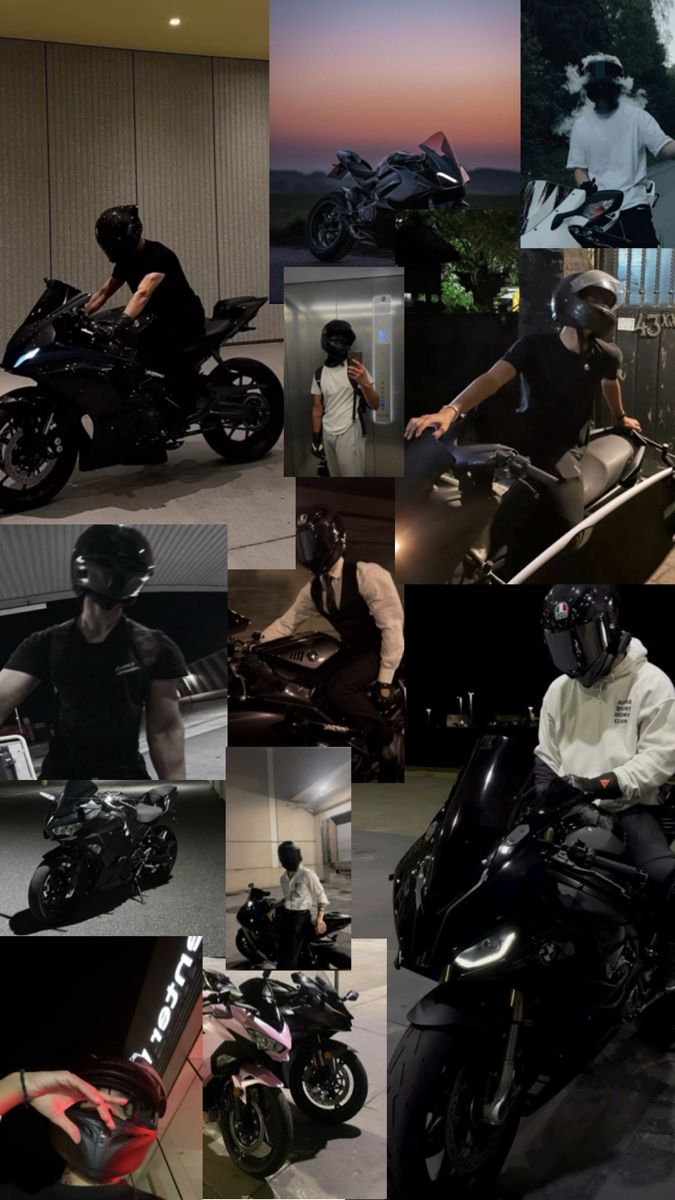 a collage of photos with people and motorcycles in the middle one has a helmet on