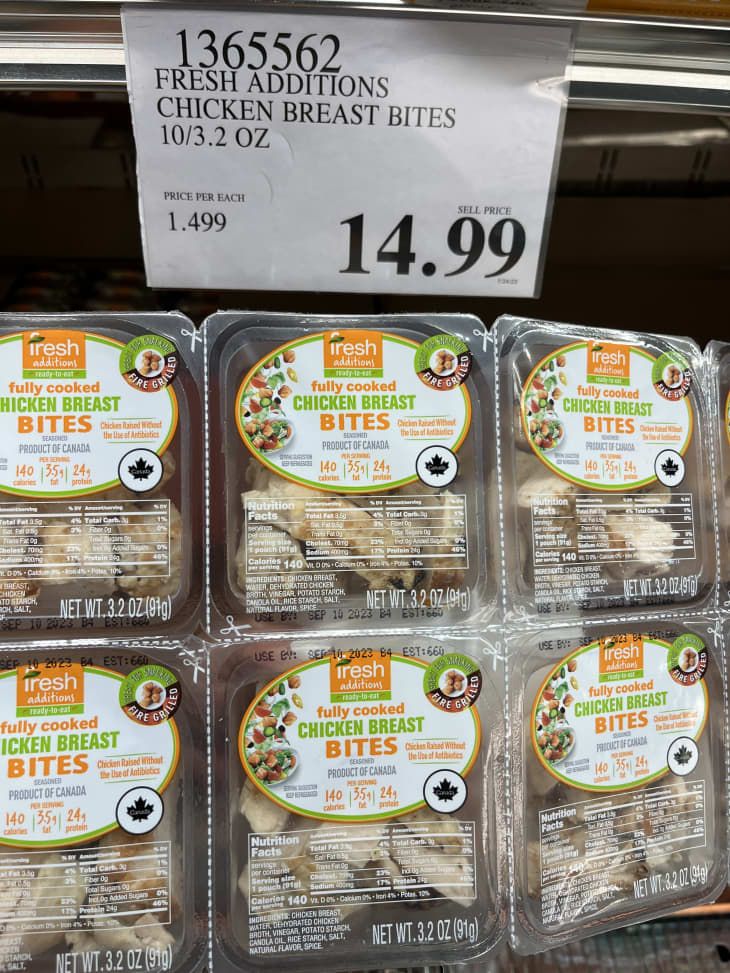 chicken breast bites are on display in the store for $ 4 99 each or more