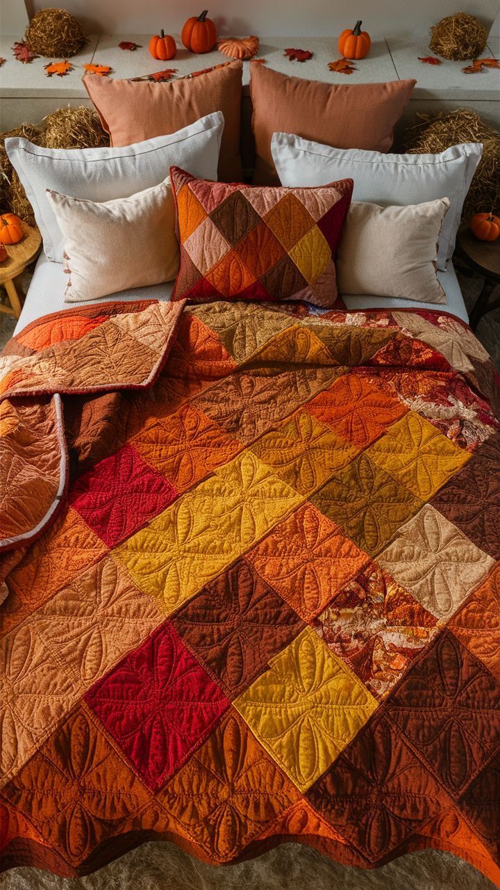 an orange and yellow quilt on a bed with pumpkins in the backround