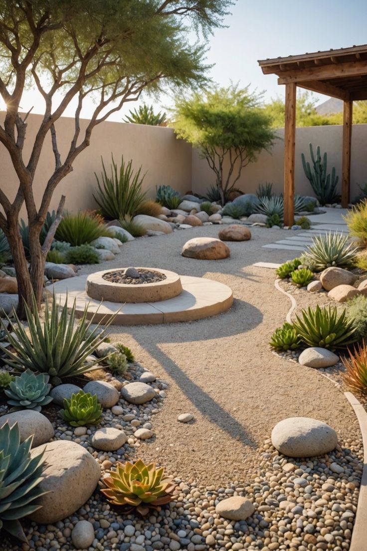 an outdoor garden with rocks and plants