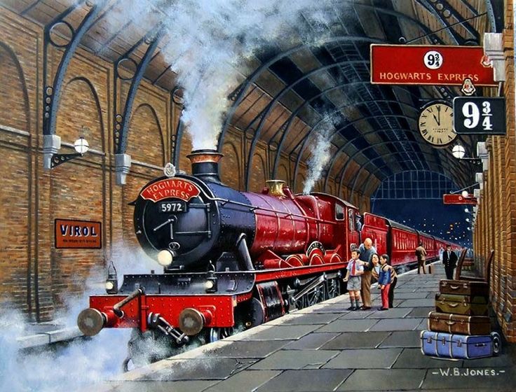 a painting of a train pulling into a station with people walking by it and the clock on the wall