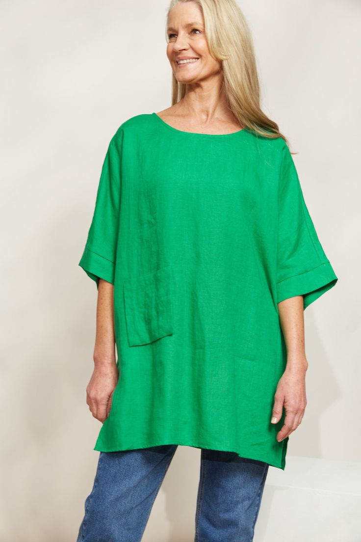 Halcyon Relaxed  Top - Emerald - eb&ive Clothing - Top S/S Linen One Size Poncho Jacket, Tunic Designs, Loose Pants, Long Sleeve Knit Tops, Mid Dresses, Linen Shorts, Elbow Length Sleeve, New Tops, Sweater Blouse