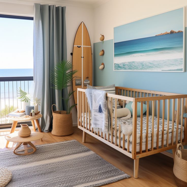 a baby's room with a surfboard on the wall and a painting above it