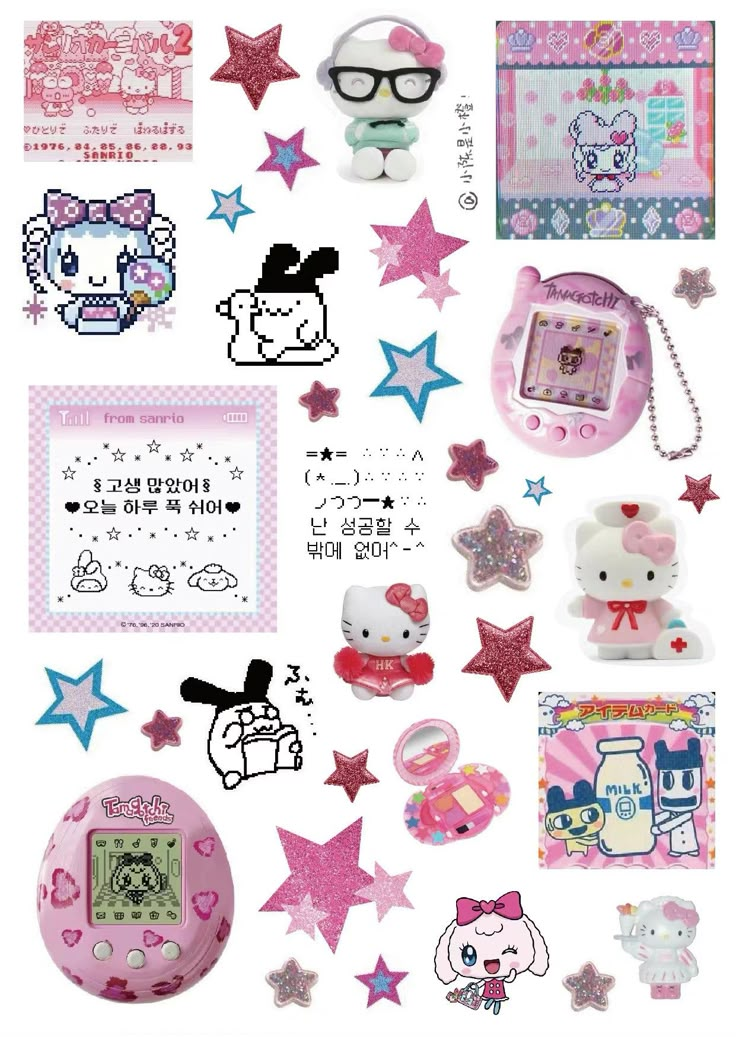 hello kitty stickers are on display with other items in the back ground and stars around them