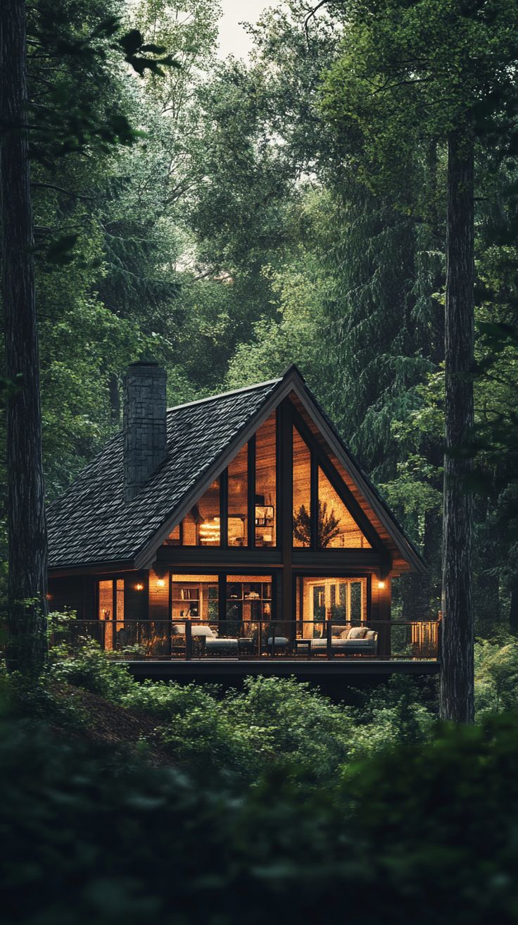 a cabin in the woods with lights on and windows lit up at night, surrounded by tall trees