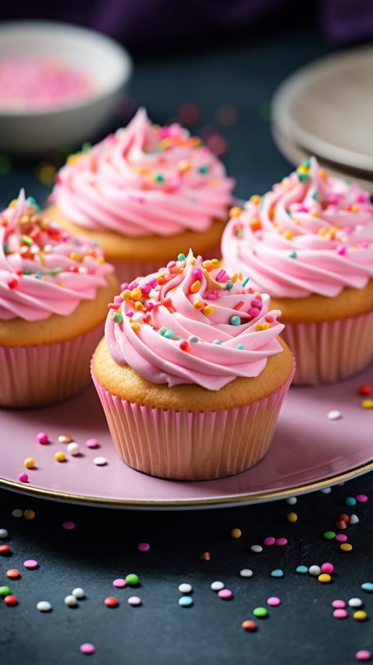 cupcakes with pink frosting and sprinkles on a plate