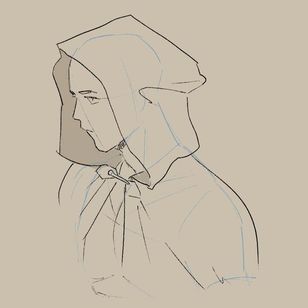 a drawing of a person with a hood on