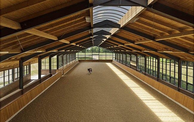 the inside of a building with lots of windows on each side and an enclosed area for horses to walk around