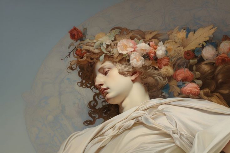 a painting of a woman with flowers on her head and hair blowing in the wind