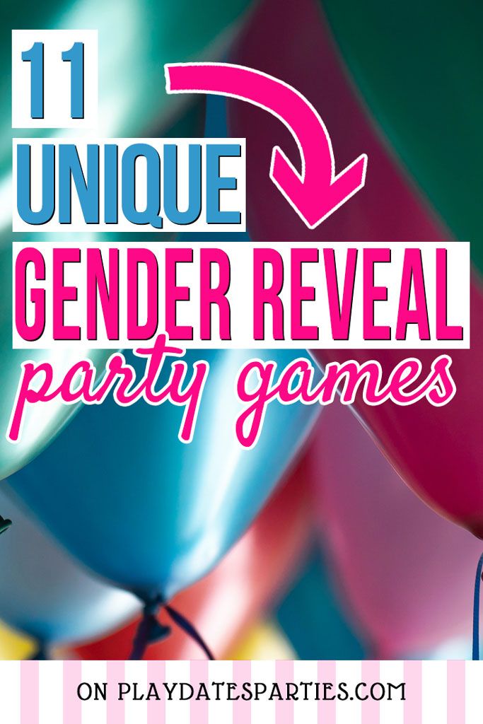 the text unique gender reveal party games with balloons in the background and an arrow pointing to it