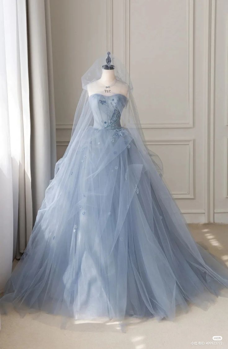 Moon Dresses Gowns, Pink Tulle Quince Dress, Periwinkle Quince Dress, Beautiful Ball Gowns Fairytale, Wedding Dresses Not White, Poofy Wedding Dresses, Blue Ball Dresses, Fairy Ball Gown, Blue Princess Dress