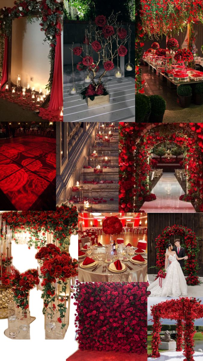 a collage of red and white wedding decor with roses in vases, flowers on the table, candles