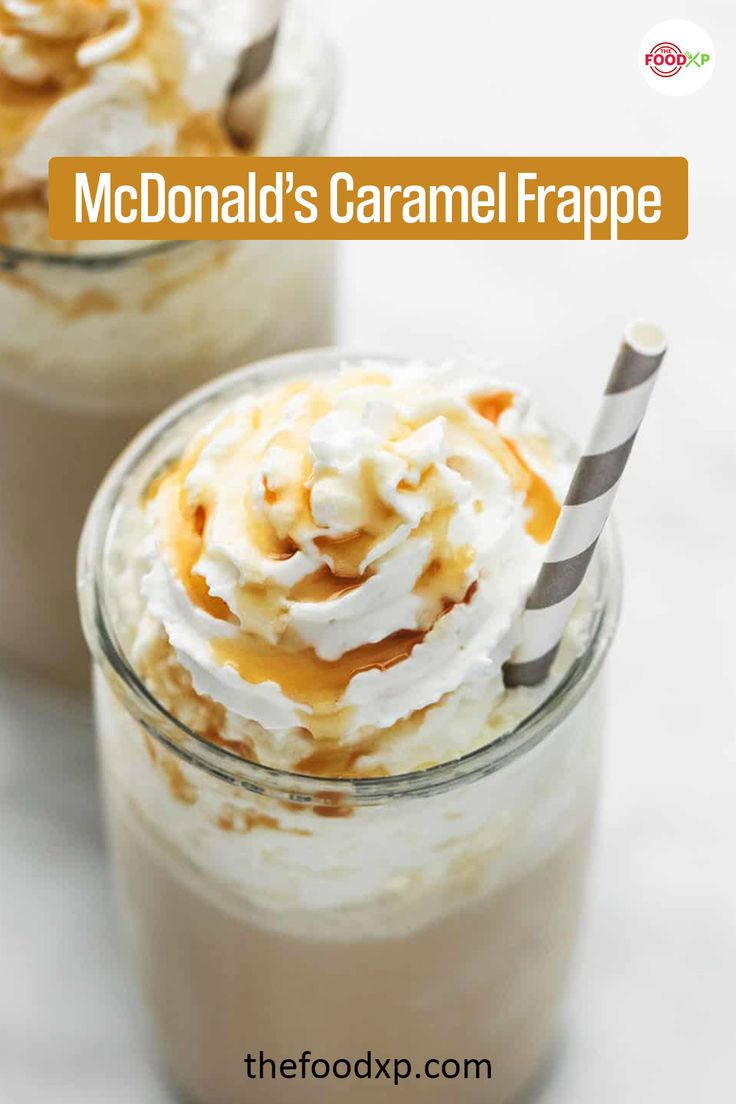 two glasses filled with whipped cream and caramel toppings on top of each other